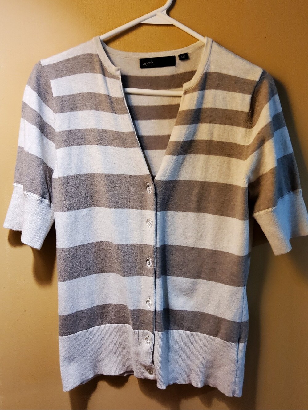 Kersh Neutral Wide-Stripe Button Cardigan - Cream & Greyish Brown
